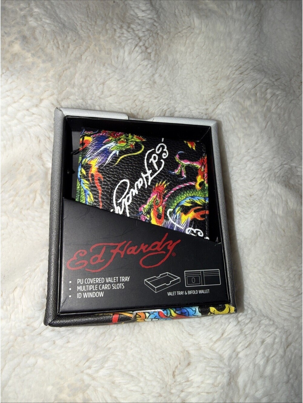 Ed Hardy Men's Dragon Bifold Black Wallet New In Box.